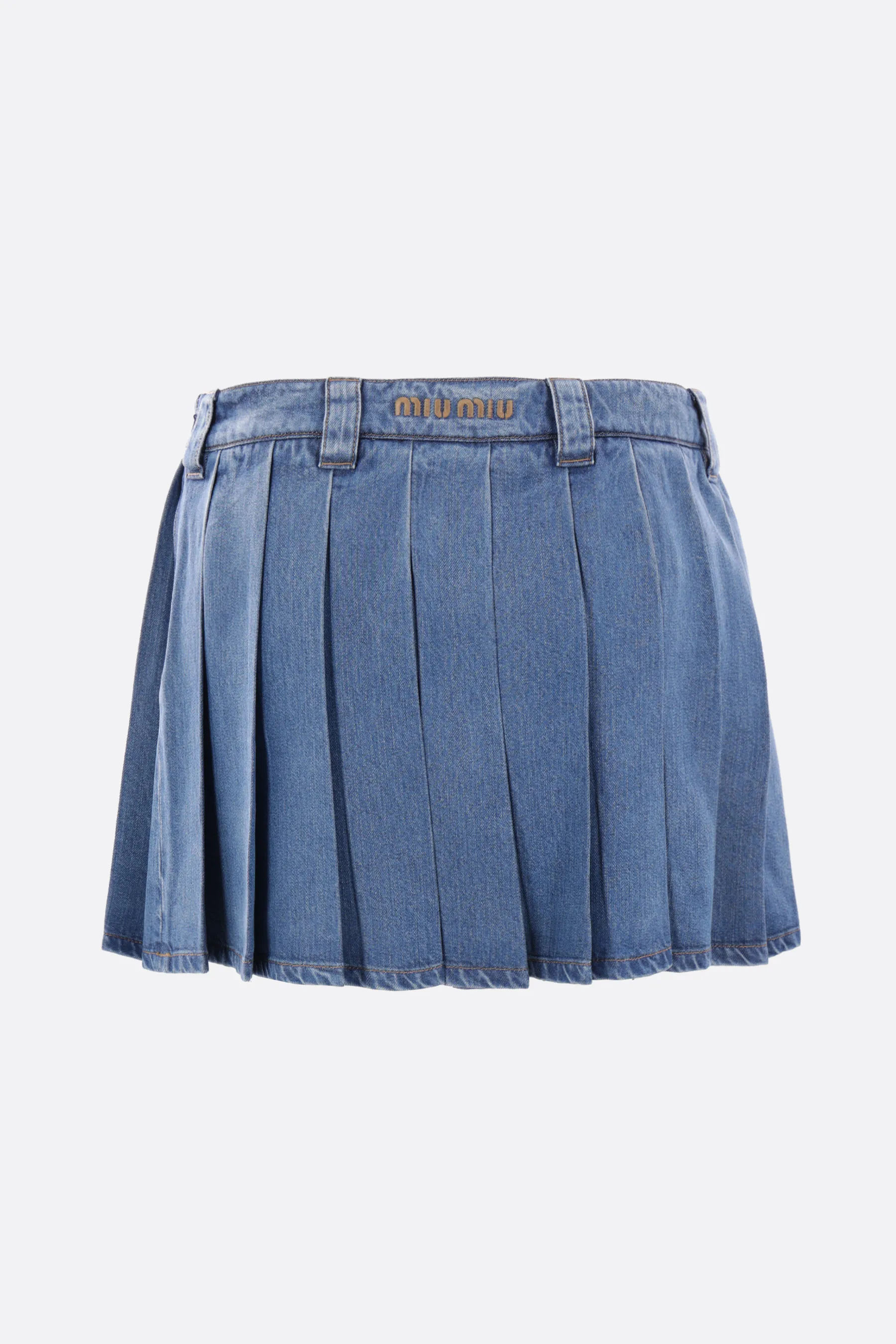  MIU MIU minigonna plissé in denim ricamo logo 